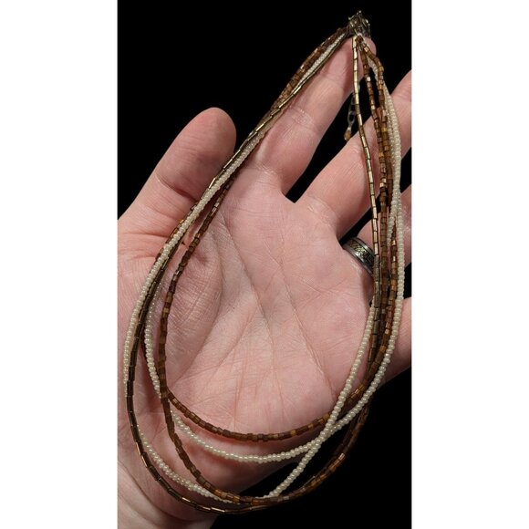 NY Earthy Glass Beaded Brown And White Layered Necklace - Picture 3 of 6